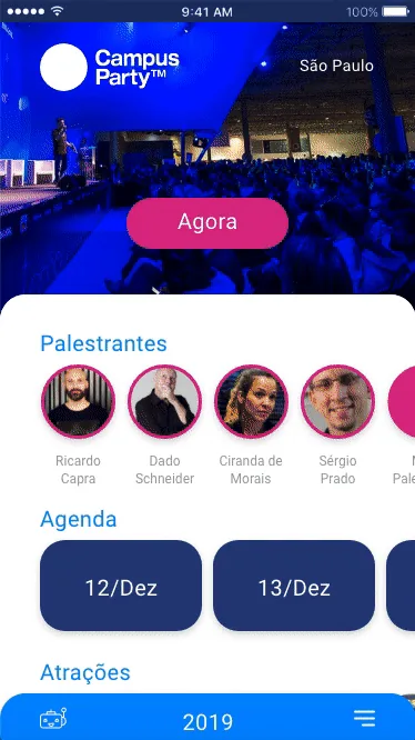 Tela inicial com palestrantes, agenda e atrações