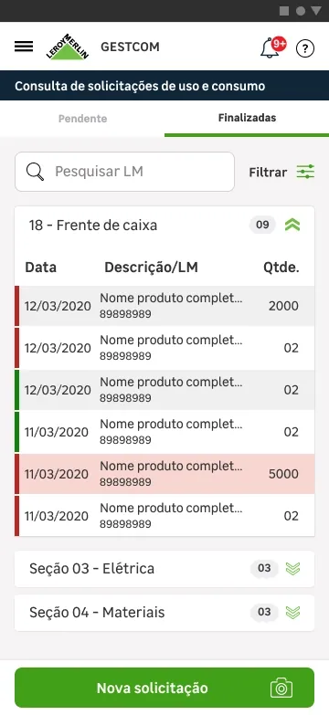 Listagem de solicitações