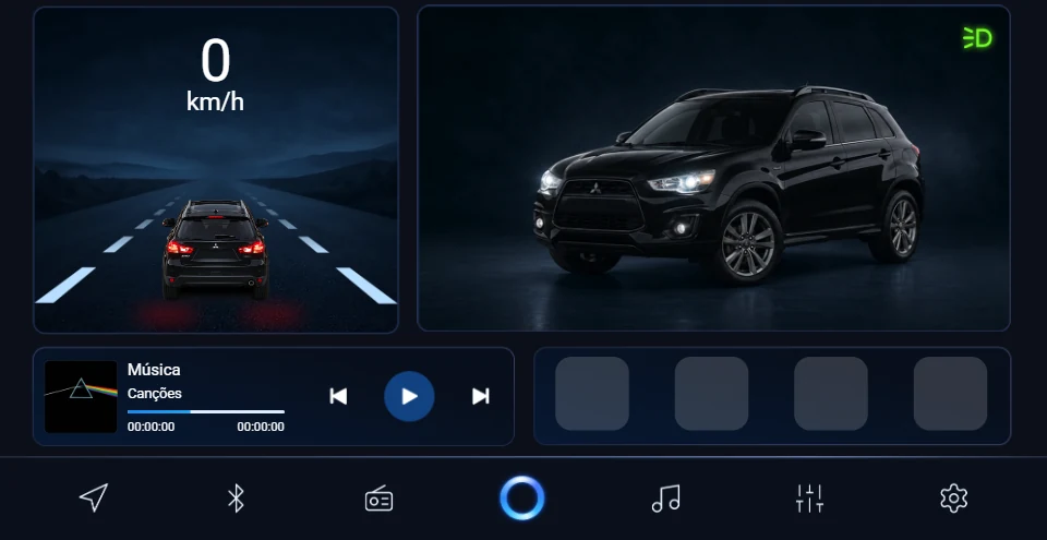Launcher de multimídia: velocidade, ilustração do carro, player de música e barra de atalhos