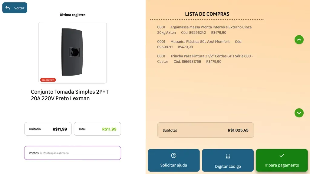 Lista de produtos registrados